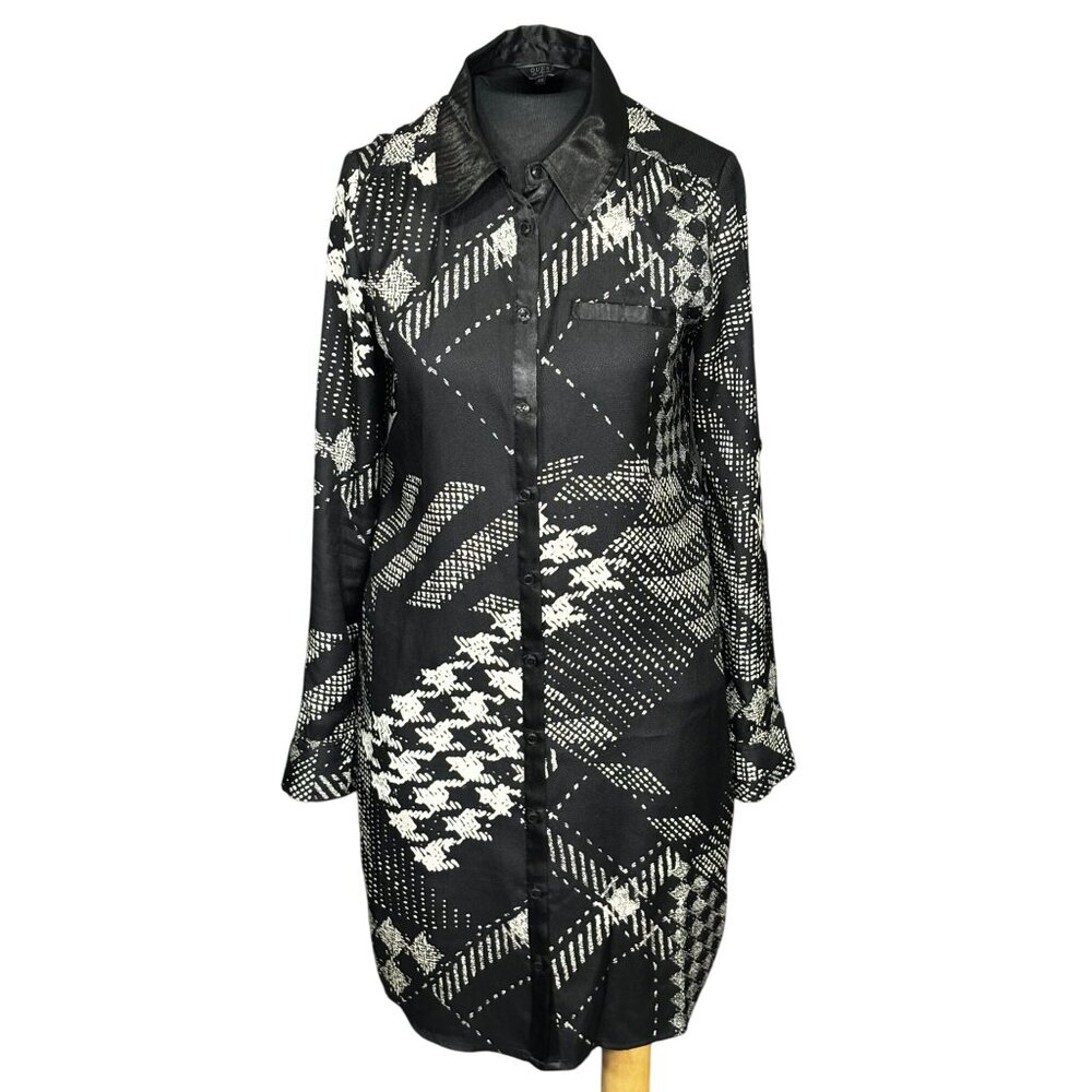 Guess Womens Black & White Long-Sleeve Button-Up Shirt Dress XS